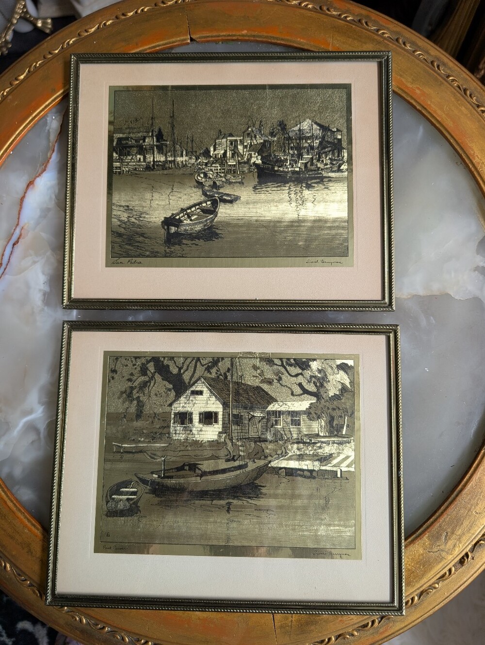 Vintage, Set of 2,  LIONEL BARRYMORE Art Prints, Gold Foil Etchings Signed, Gold